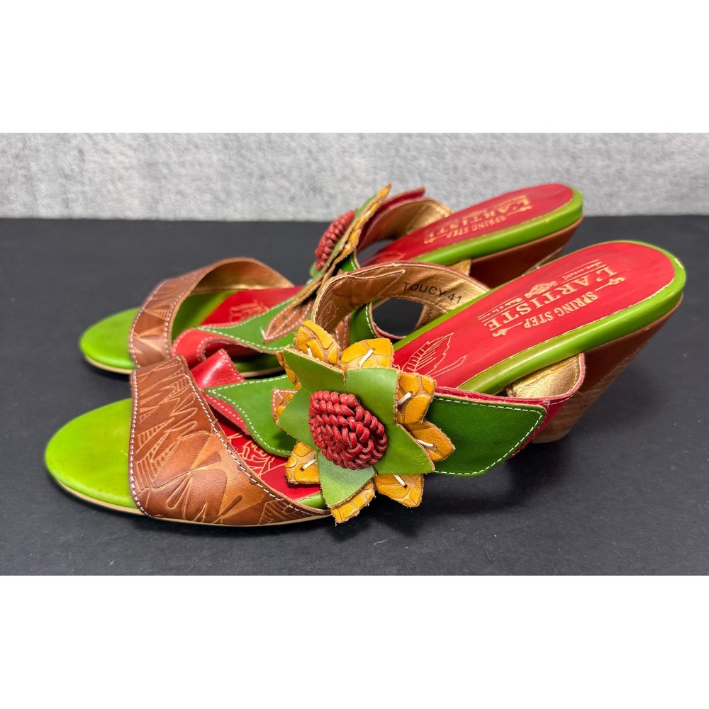 L'Artiste Toucy Heeled Sandals Womens 41 Green Red Leather Floral Boho Slides - Picture 2 of 12